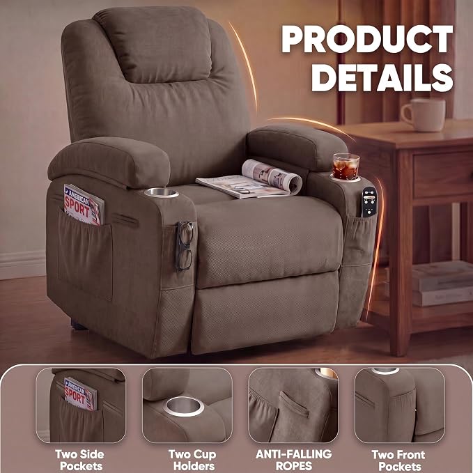 Flamaker Power Lift Chair Massage Recliner Chairs for Elderly - Ergonomic Design with Cup Holders & Side Pockets, Remote Control (Dark Brown)