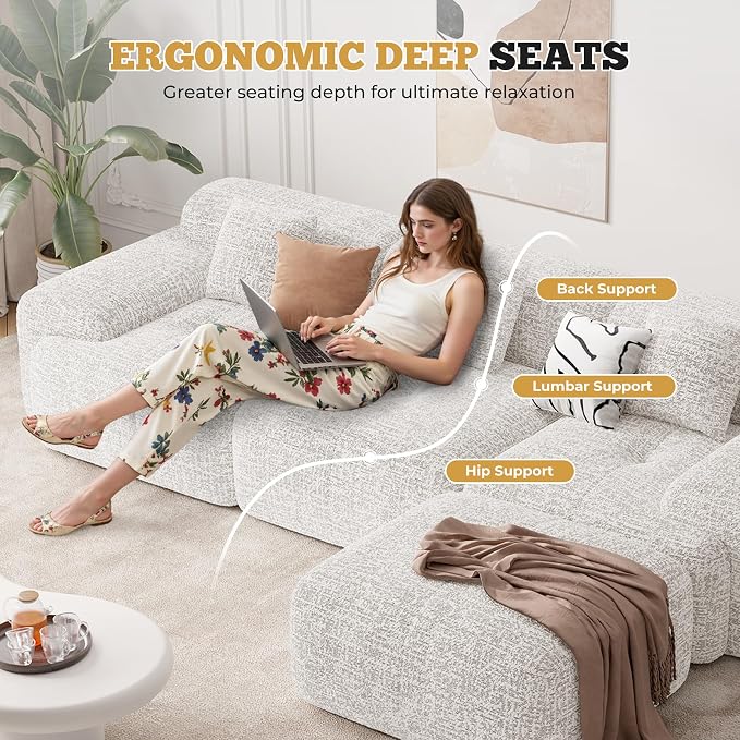 122" Modern L Shaped Modular Sectional Sofa, Boneless Couches for Living Room with Ottoman,4 Seater Convertible Chenille Cloud Couch Sofa Set, No Assembly Required, Beige 1 PCS