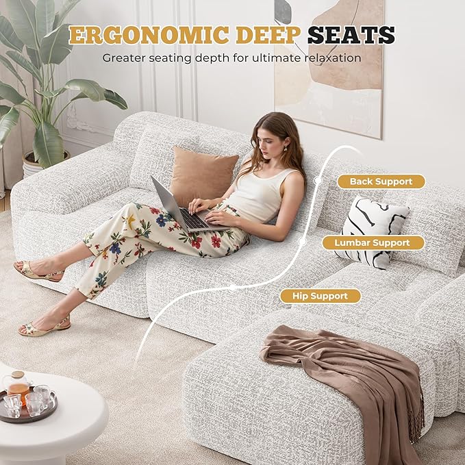 158" U Shaped Boneless Couches for Living Room, 6 Seater Modern Chenille Cloud Couch, Convertible Modular Sectional Sofa Set, No Assembly Required, Beige 1 PCS
