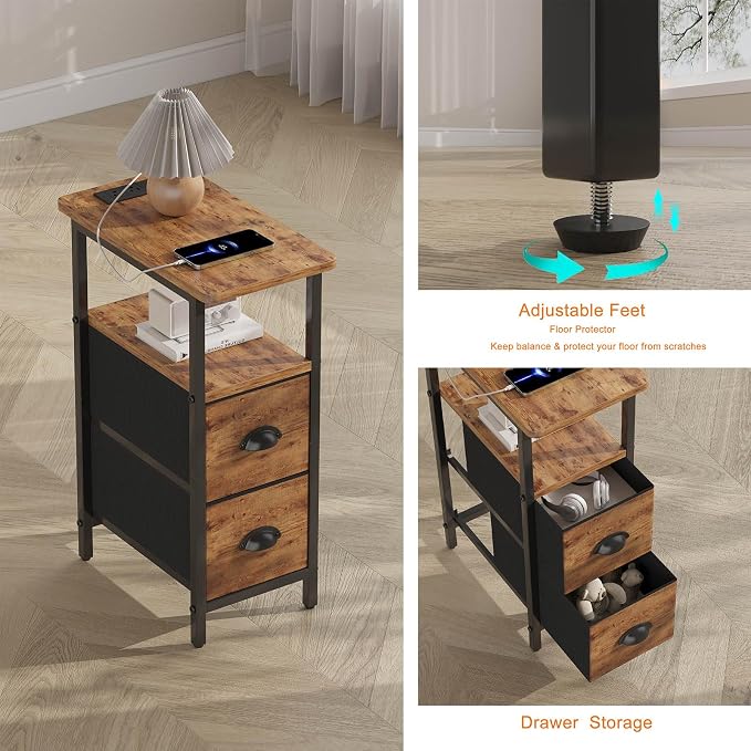 sthmec Narrow End Table with Charging Station, Narrow Side Table with 2 Fabric Drawers, LED End Table, Slim Nightstand with LED Light, Small Side Table for Small Space,Living Room,Bedroom,Rustic Brown