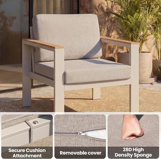3-Piece Balcony Patio Furniture Set, Aluminum Outdoor Chair Set with 2 Single Patio Chairs & Coffee Table, 1.5mm Thick Rustproof Frame, Waterproof Removable Cushions for Small Balcony Front Porch