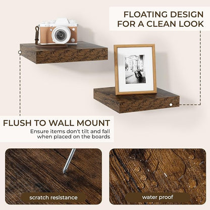 RICHFOCUS 8 Inch Floating Shelves for Wall Small Square Shelves Set for Bedroom|Kitchen|Bathroom|Wall Mounted Rustic Wood Floating Shelf with Invisible Brackets for Books|Storage|Decor, Rustic Brown