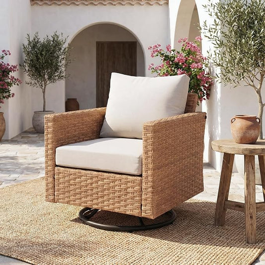 SUNSITT Patio Swivel Chair, Wicker Swivel Chairs Outdoor Seating Furniture with Thick Comfy Cushions, for Porch, Balcony, Deck, Natural Rattan Color
