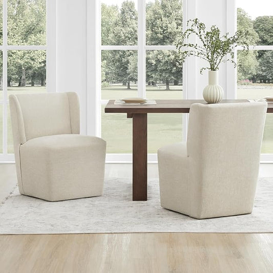 KISLOT Upholstered Dining Chairs Set of 1 with Casters, Wingback Modern Side Armless Deskchair with Rollers for Diningroom Bedroom Livingroom Reading Room, Cream Beige Fabric