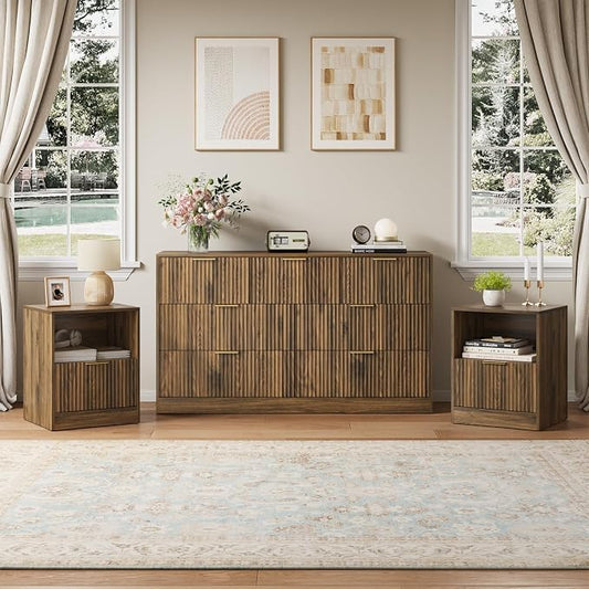Fluted Dresser & Nightstand Set 3-Piece, 7 Drawer Dressers and Night Stand Set of 2 with Metal Handle, Fluted Mid Century Wood Chest of Drawers Storage Dressers Set for Bedroom, Walnut