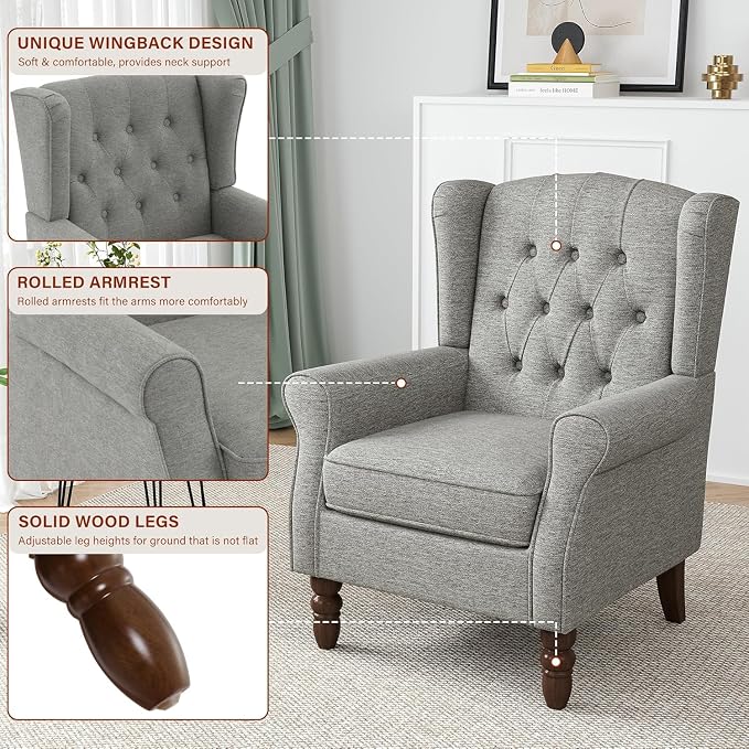 Wingback Accent Chairs Set of 2, High Back Arm Chair for Living Room, Button-Tufted Upholstered Fabric Armchair with Solid Wood Legs, Comfy Single Sofa Reading Chair for Bedroom, Light Gray