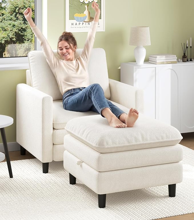 Welzona 3-Layers Cloud Accent Chair with Ottoman, 33" Comfy Reading Chair for Bedroom, Living Room, Tool-Free Assembly with Teddy Fabric Arm Chairs and Ottoman Set, Beige, Removable Washable Cover