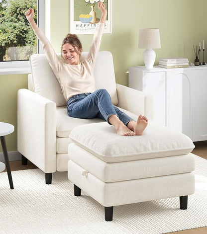 Welzona 3-Layers Cloud Accent Chair with Ottoman, 33" Comfy Reading Chair for Bedroom, Living Room, Tool-Free Assembly with Teddy Fabric Arm Chairs and Ottoman Set, Beige, Removable Washable Cover