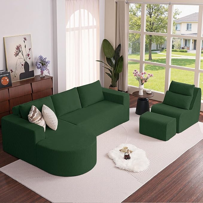 104.92" L-Shaped Corduroy 3 Piece Sofa Set with Single Lounge Chair & Ottoman, Modular Compressed All Foam Couch, Freely Movable Footrest, Minimalist Large Living Room Furniture