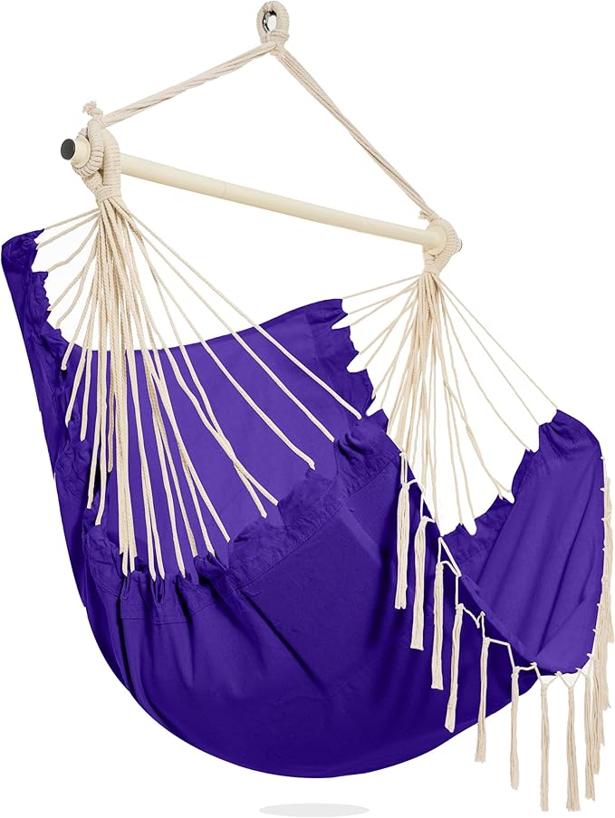 PNAEUT Hammock Chair Hanging Rope Swing for Outside Indoor for Bedroom, Outdoor, Patio (Purple with Tassels)