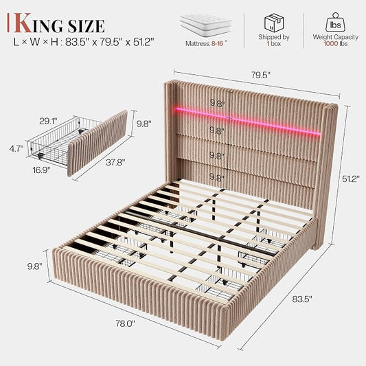 Jocisland King Size Corduroy Upholstered Bed Frame with 4 Storage Drawers & 51.2" Tall Wingback Headboard, LED Platform Bed with Charging Station, Easy Assembly, No Box Spring Needed, Dark Khaki