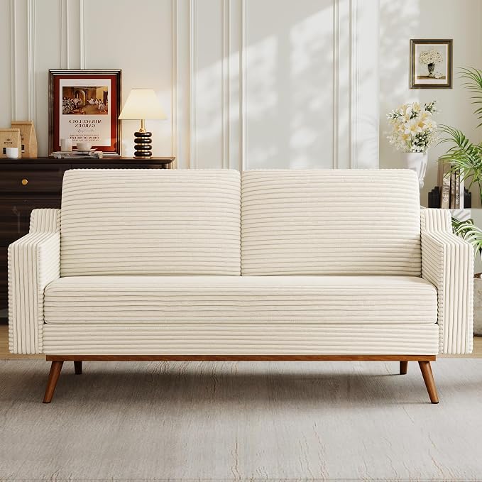 Vipbear 65.4" Loveseat Sofa,Mid-Century Modern Small Couches for Living Room, Bedroom, Office,Comfy Beige Corduroy Couch with Spring Cushion, Solid Wood Frame, Tool-Free Assembly
