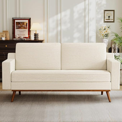 Vipbear 65.4" Loveseat Sofa,Mid-Century Modern Small Couches for Living Room, Bedroom, Office,Comfy Beige Corduroy Couch with Spring Cushion, Solid Wood Frame, Tool-Free Assembly