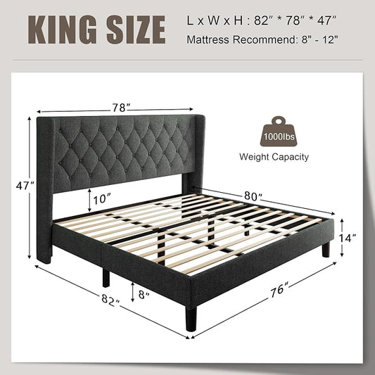 Einhomn King Size Platform Bed Frame with Upholstered Wingback Headboard, 12" Under Bed Space, Wooden & Metal Slats Support, No Box Spring Needed, Black