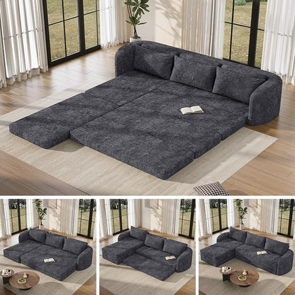 Vesgantti 110.2" Modular Sectional Sofa with Curved Armrest, 6 in 1 Convertible Folding Sleeper Sofa Bed, Chenille Boneless Couch for Living Room, No Assembly Required, Blue, Left Facing Chaise