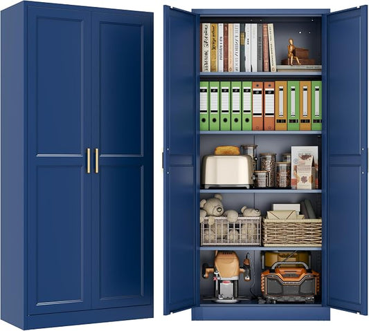 71" Metal Pantry Cabinet,Storage Cabinet with Doors and Shelves | Metal Storage Cabinet,Gold Handles,Adjustable Shelves,Magnetic Doors,Leveling Feet,Anti-tipping,for Kitchen/Garage Blue
