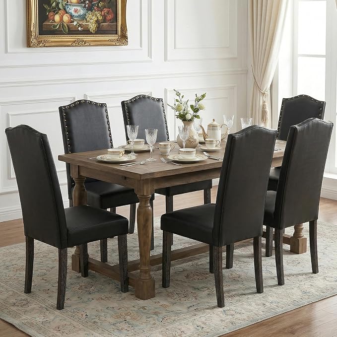 LSSBOUGHT Dining Chair Upholstered Parsons Kitchen Chair with Copper Nails and Solid Wood Legs (Black-pu, Set of 6)