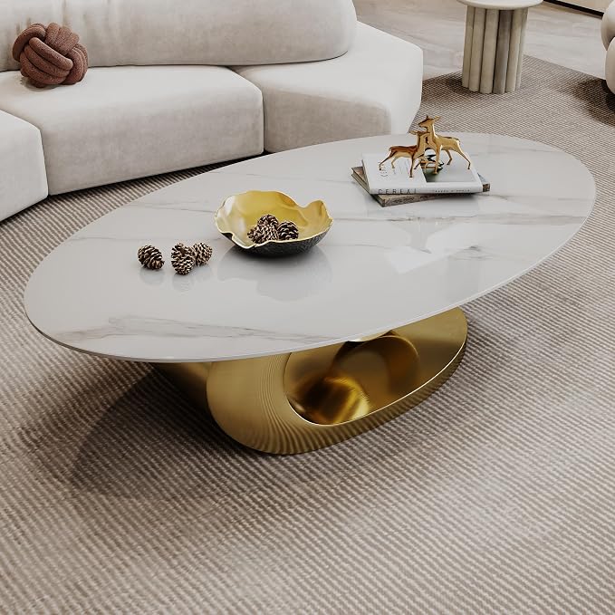 Modern Oval Stone Coffee Table with Gold Metal Base - Scratch-Resistant Rock Slab Top, Aviation-Grade Design - Stylish & Durable Centerpiece for Living Rooms (49.2"x27.6"x15.8").