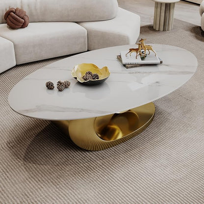 Modern Oval Stone Coffee Table with Gold Metal Base - Scratch-Resistant Rock Slab Top, Aviation-Grade Design - Stylish & Durable Centerpiece for Living Rooms (49.2"x27.6"x15.8").