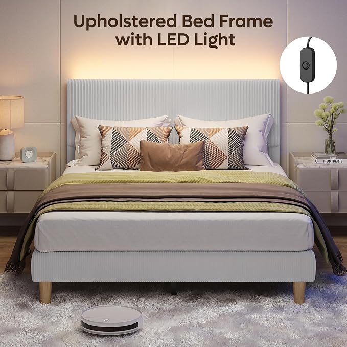 Bestier Queen Bed Frame with Headboard LED Lighting,Upholstered,Light Grey | LED Light Headboard,Easy Assembly,No Squeaks,Vertical Channel Corduroy Upholstered,Wood Slats Support,No Box Spring Needed