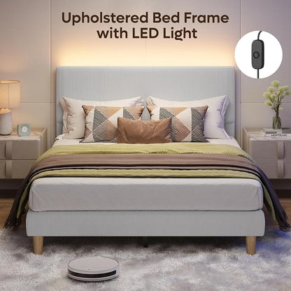 Bestier Queen Bed Frame with Headboard LED Lighting,Upholstered,Light Grey | LED Light Headboard,Easy Assembly,No Squeaks,Vertical Channel Corduroy Upholstered,Wood Slats Support,No Box Spring Needed