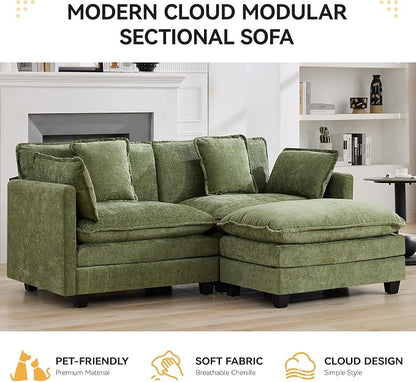 76'' Cloud Deep Seat Loveseat Sofa, Upholstered Chenille Modular 2-Seats Sectional Sofa Couch with Movable Ottoman, Modern Comfy Settee Loveseat for Living Room Set, Small Apartment, Green