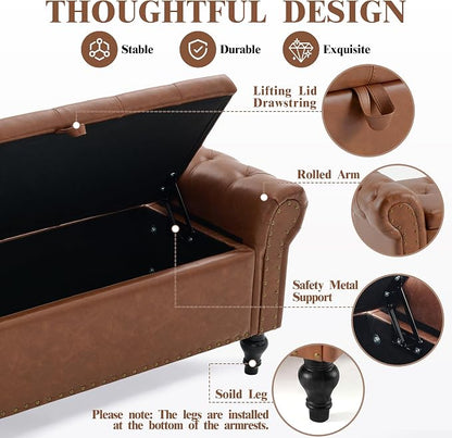 51" Storage Bench for Bedroom, Upholstered Ottoman Bench, Leather Brown | End of Bed Bench for Bedroom, Window Benches for Living Room, Entryway, Ottoman with Large Storage Space, Pet Friendly