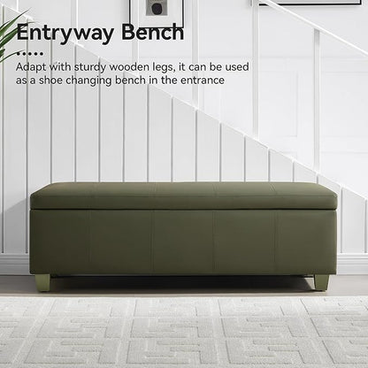WUTUTUEE 51" Faux Leather Storage Ottoman, Stitch Tufted Rectangle Upholstered End of Bed Storage Bench, Entryway Large Couch Ottoman with Wooden Legs,Green
