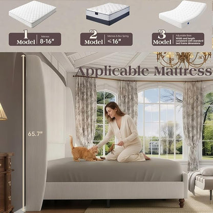 65.7" Tall Headboard Queen Size Upholstered Bed Frame with Wingback, Soft Washable Corduroy Beds Cover, Solid Wood Legs, Noise-Free, No Box Spring Needed, Cream