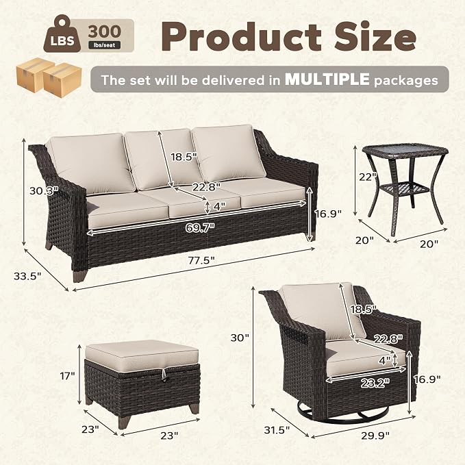 11 Pieces Patio Conversation Furniture Set - 1 Sofa, 4 Ottomans, 4 Swivel Chairs, 2 Side Tables, Outdoor Wicker Furniture with Removable Cushions for Porch, Balcony, Sunroom (Beige)