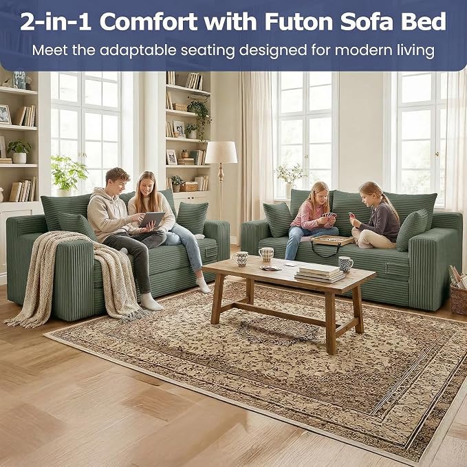Boneless Couch for Living Room, 3 Seater Convertible Futon Sofa Bed Comfy Pull Out Couch with 5 Pillows & Detachable Washable Cover, Upholstered Floor Sofa in A Box, No Assembly Required, Green