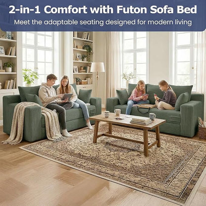 Boneless Couch for Living Room, 3 Seater Convertible Futon Sofa Bed Comfy Pull Out Couch with 5 Pillows & Detachable Washable Cover, Upholstered Floor Sofa in A Box, No Assembly Required, Green