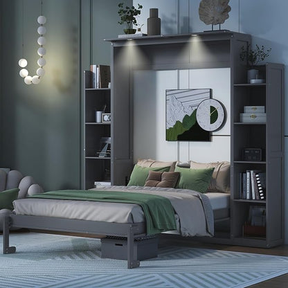 Ball & Cast Full Size Murphy Bed Wall Bed with Shelves and LED Lights,can be Folded,Hideaway Cabinet Bedframe W/ 2 Five-Layer Cabinets,Slat Support,No Box Spring Needed,for Apartment,Bedroom,Gray