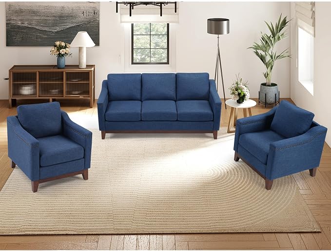 HAOMARKETS Modern 3 Piece Sofa Set with Rivets, Included Fabric Accent Chair Set of 2, and Upholstered 3-Seater Couches with Solid Wood Legs, Living Room Furniture Set,Blue