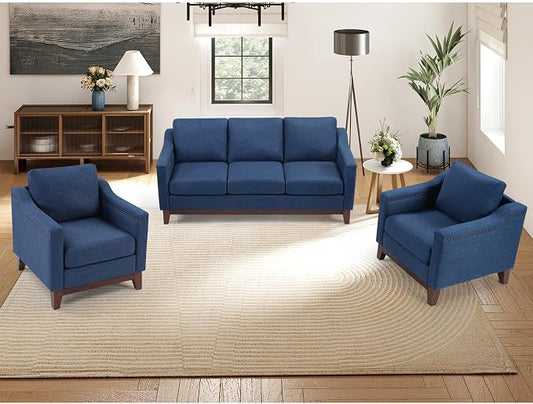 HAOMARKETS Modern 3 Piece Sofa Set with Rivets, Included Fabric Accent Chair Set of 2, and Upholstered 3-Seater Couches with Solid Wood Legs, Living Room Furniture Set,Blue
