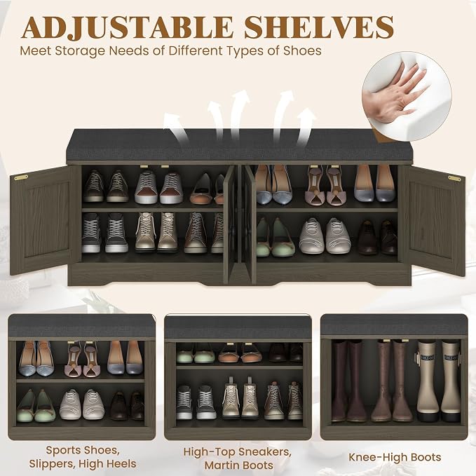 Apicizon Storage Bench with Seat Cushion, 2 Tier Entryway Bench with 4 Barn Doors, Adjustable Shelves, 47.36" Shoe Bench for Entryway Hallway Bedroom Living Room, Greige