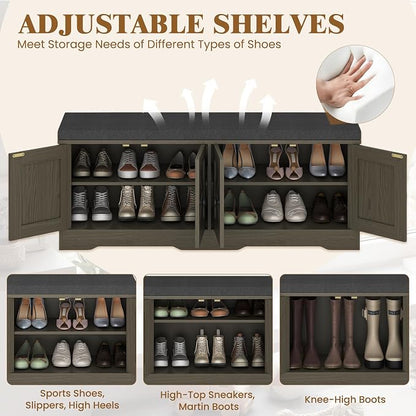 Apicizon Storage Bench with Seat Cushion, 2 Tier Entryway Bench with 4 Barn Doors, Adjustable Shelves, 47.36" Shoe Bench for Entryway Hallway Bedroom Living Room, Greige