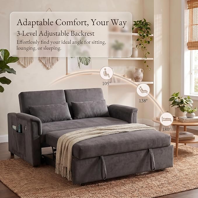 Sofa Bed, Pull Out Couch with Side Pockets, 3 in 1 Velvet Loveseat Sleeper Sofas Beds with USB Ports, Sofa Bed Couch with Adjustable Backrest for Living Room, Bedroom, Apartment, Gray