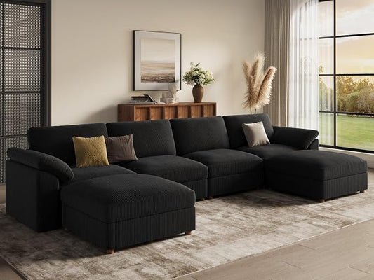 EASE MOOSE U Shape Sectional Sofa,Oversized Deep Seat Modular Couch,Modern Fashion Corduroy Cloud Sectional Sofa, Removable Cover,Black