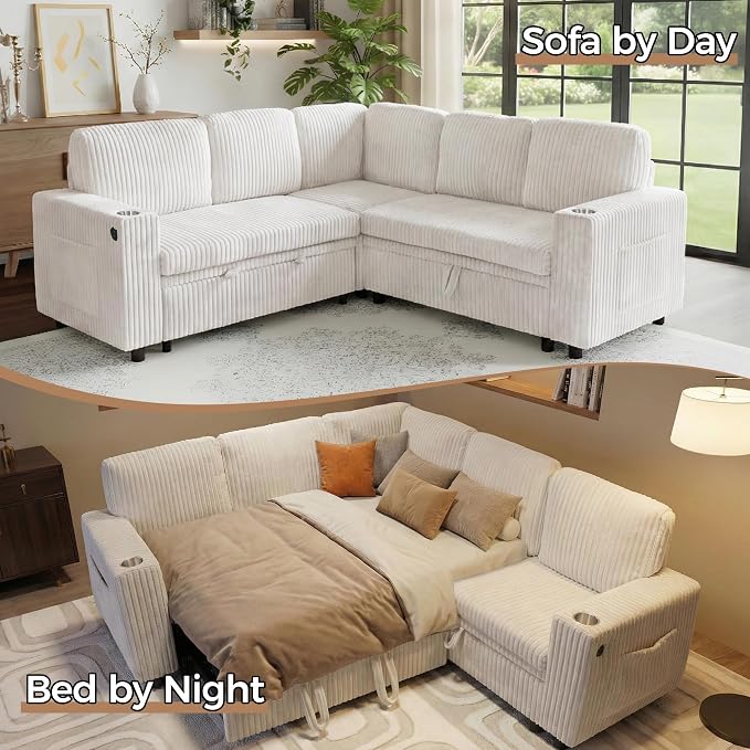 Sectional Sleeper Sofa with Pull Out Bed, Plush Corduroy 5 Seat L Shaped Couch with Storage, USB Ports, Cup Holders, Comfy Modular Sectional Couches for Living Room, Beige