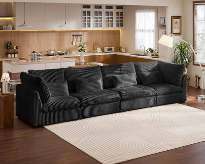 154" Oversized Corduroy Couch Modular Sectional Sofa, Washable Cloud Couch Sectional, 4 Seater Sectional Couches for Living Room, Fully Cover Removable, Basic 4 Seater, Corduroy, Black