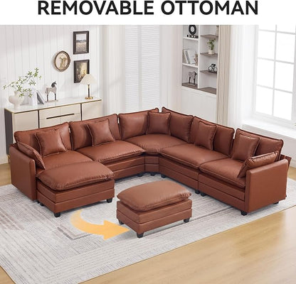 WUTUTUEE 35'' Modern Leather Cloud Sofa Ottoman,Rectangle Ottoman for Modular Sectional Sofa, Leather Brown