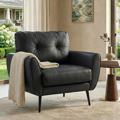 TYBOATLE Accent Chair Comfy Modern Living Room Chair Black Leather Reading Accent Chairs Tufted Mid Century Moden Arm Chair Small Salon Chair for Office Bedroom (1, Black)