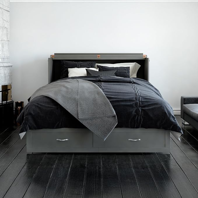 AFI Hamilton Queen Murphy Bed Chest with Mattress, Storage, and Built-in Charger in Grey