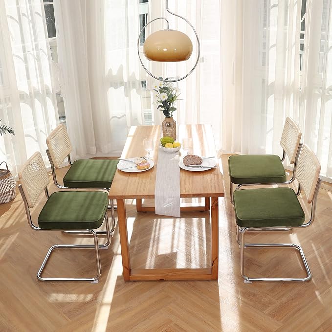 Zesthouse Natural Rattan Dining Chairs Set of 6, Olive Green Modern Kitchen Chairs with Solid Wood Back & Chrome Base, Mid Century Breuer Design Inspired, Upholstered Luxurious Velvet Fabric
