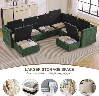 105" Green Modular Storage Sofa, U Shaped Chenille Couch with 2 Ottomans | Oversized Convertible Sectional Sofa, 6-Seat Sectional Couch With 2 Ottomans, Large Cloud Couch For Living Room, Apartment.