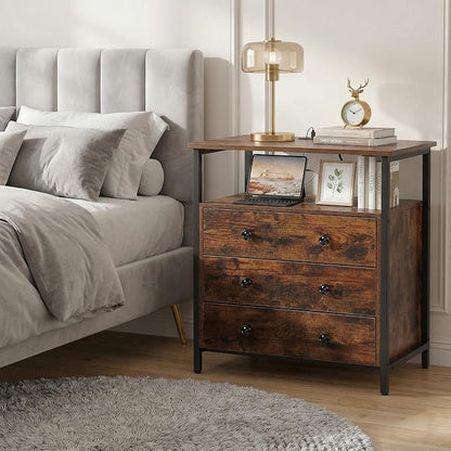 Edbuosy 3 Wooden Drawers Night Stand, 27 Inch Wide Nightstand Set 2 with Charging Station and Adjustable Drawers, Small Dresser for Closet, Bedside Table for Living Room/Bedroom/Office, Retro Brown
