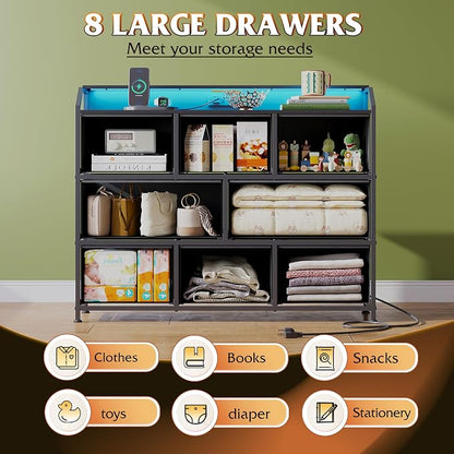 WLIVE Led Dresser for Bedroom, Black Dresser TV Stand for Bedroom with LED Lights and Power Outlet, Wide Chest of Drawers for Hallway, 8 Fabric Drawers for Living Room and Entryway, Easy to Assemble