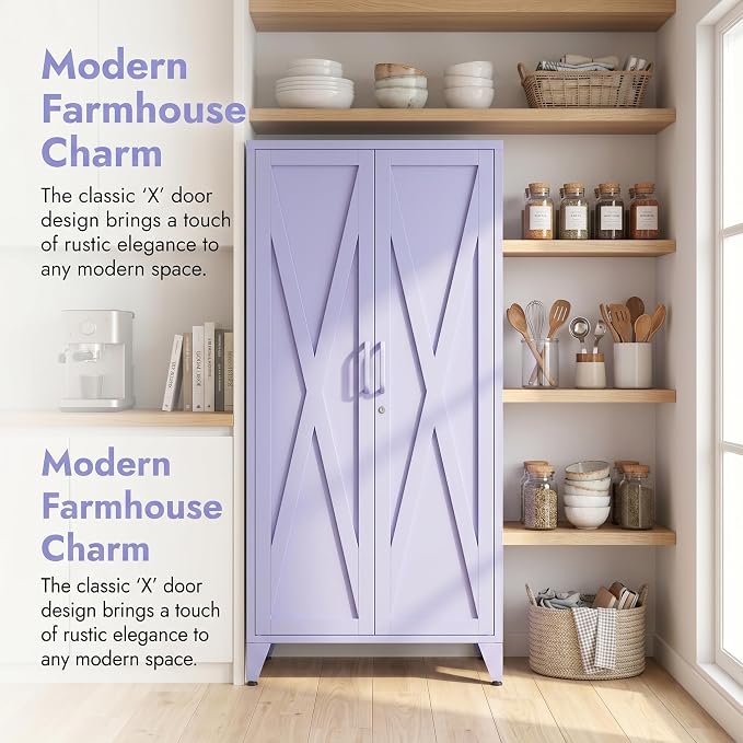 61" Tall Farmhouse Metal Pantry Cabinet with 3 Adjustable Shelves, 4-Tier Storage Organizer, 2-Door Freestanding Storage Cabinets, Easy Assembly, for Kitchen, Entryway, Home Office, Kids Room, Purple