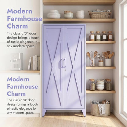 61" Tall Farmhouse Metal Pantry Cabinet with 3 Adjustable Shelves, 4-Tier Storage Organizer, 2-Door Freestanding Storage Cabinets, Easy Assembly, for Kitchen, Entryway, Home Office, Kids Room, Purple